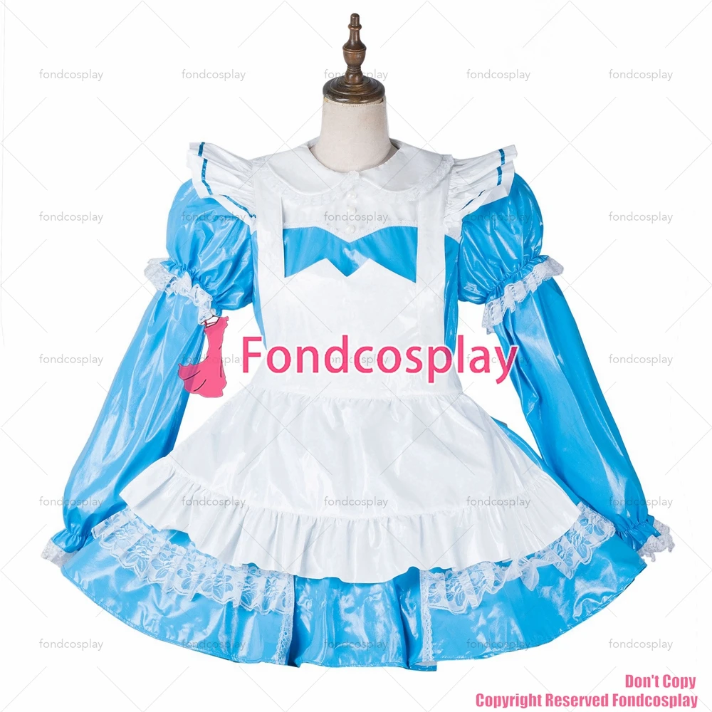 fondcosplay cross dressing sissy maid short blue thin pvc dress lockable white apron Uniform Peter pan collar CD/TV[G2164]