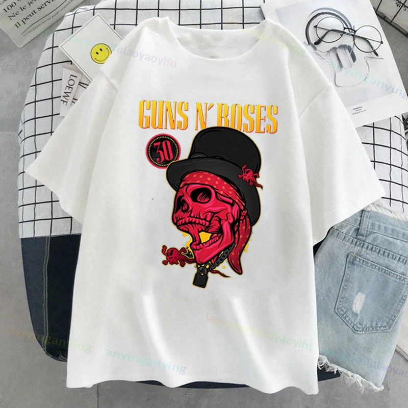 Funny-Guns N' Roses-Rock Band Graphic Printed T Shirt Customized Cotton Hip Hop Streetwear Harajuku Casual Men Clothes Women Top