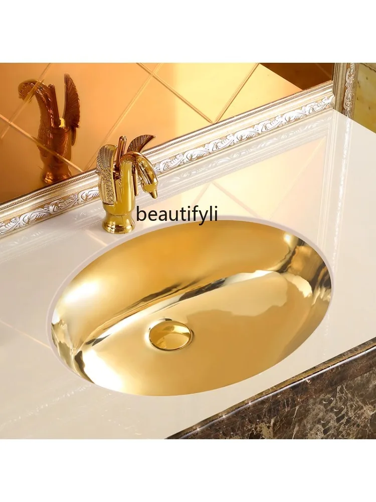 European-Style Gold Drop-in Sink Washbasin Embedded Bathroom Cabinet round Inter-Platform Basin Wash Basin Bathroom Ceramic