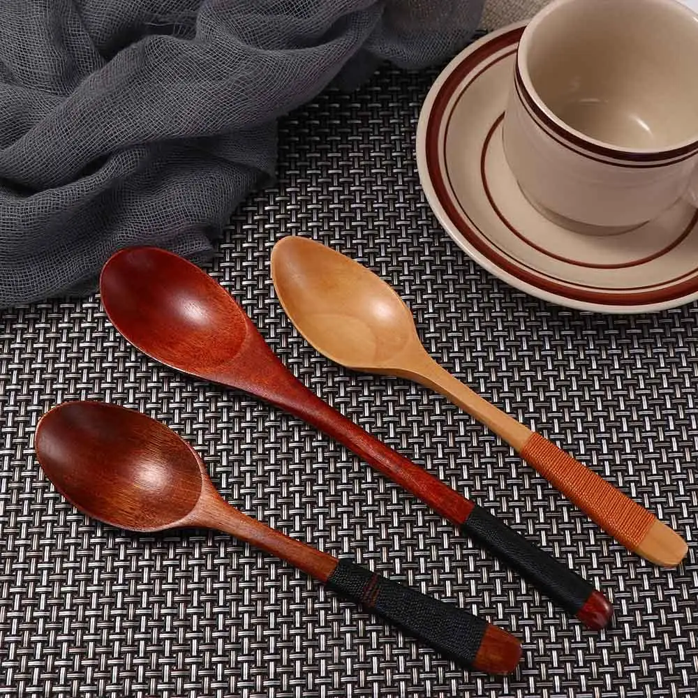 Baby Adults Wooden Dinnerware Tableware Eating Soup Spoons Cutlery Kitchen Utensil Scoop