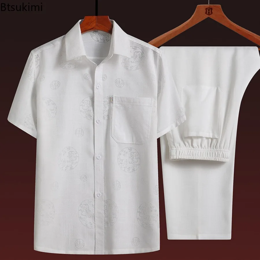 2025 Men's Summer Cotton Linen Sets Jacquard Short Sleeve Shirts and Pants 2-piece Sets Breathable Casual Chinese Tang Suit Male