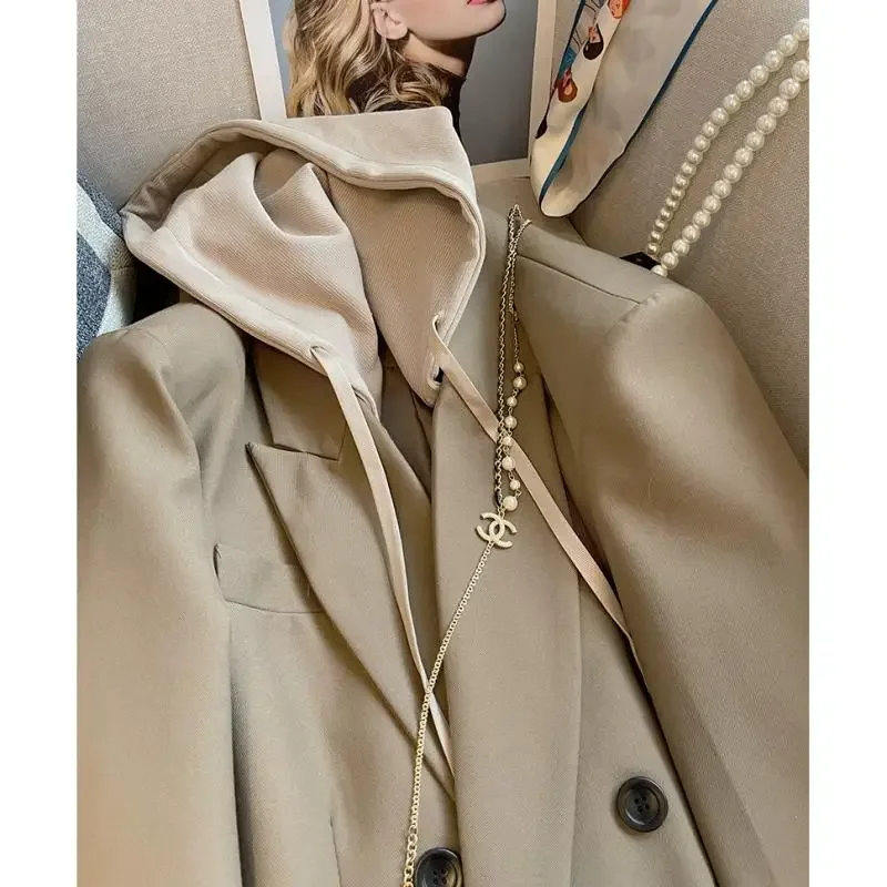 Insozkdg Hooded Design Jacket Women 2024 Spring New Retro Khaki Casual Versatile Suit Women Office Lady Girl Coat Top Hot Sale