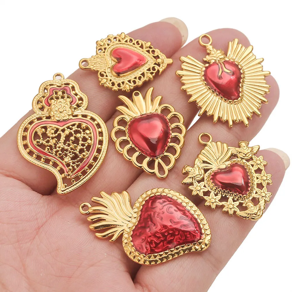 3 قطعة مطلية بالذهب القلب الأحمر المقدس دلايات من الفولاذ المقاوم للصدأ دوريان نمط الحب قلادة DIY بها بنفسك المرأة مجوهرات قلادة القرط سوار #4