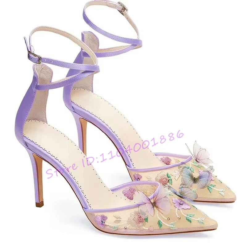 

Butterfly Flower Mesh Sandals for Women Summer New Ankle Cross Strap Pointy Toe High Heels ﻿elegant Party Wedding Bride Shoes