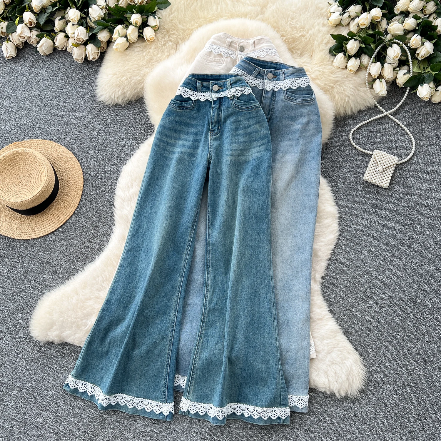 

Корейские джинсы с кружевными краями для женщин, облегающие универсальные джинсовые брюки с высокой талией и микропуловесом до щиколотки, осень-зима, новый стиль