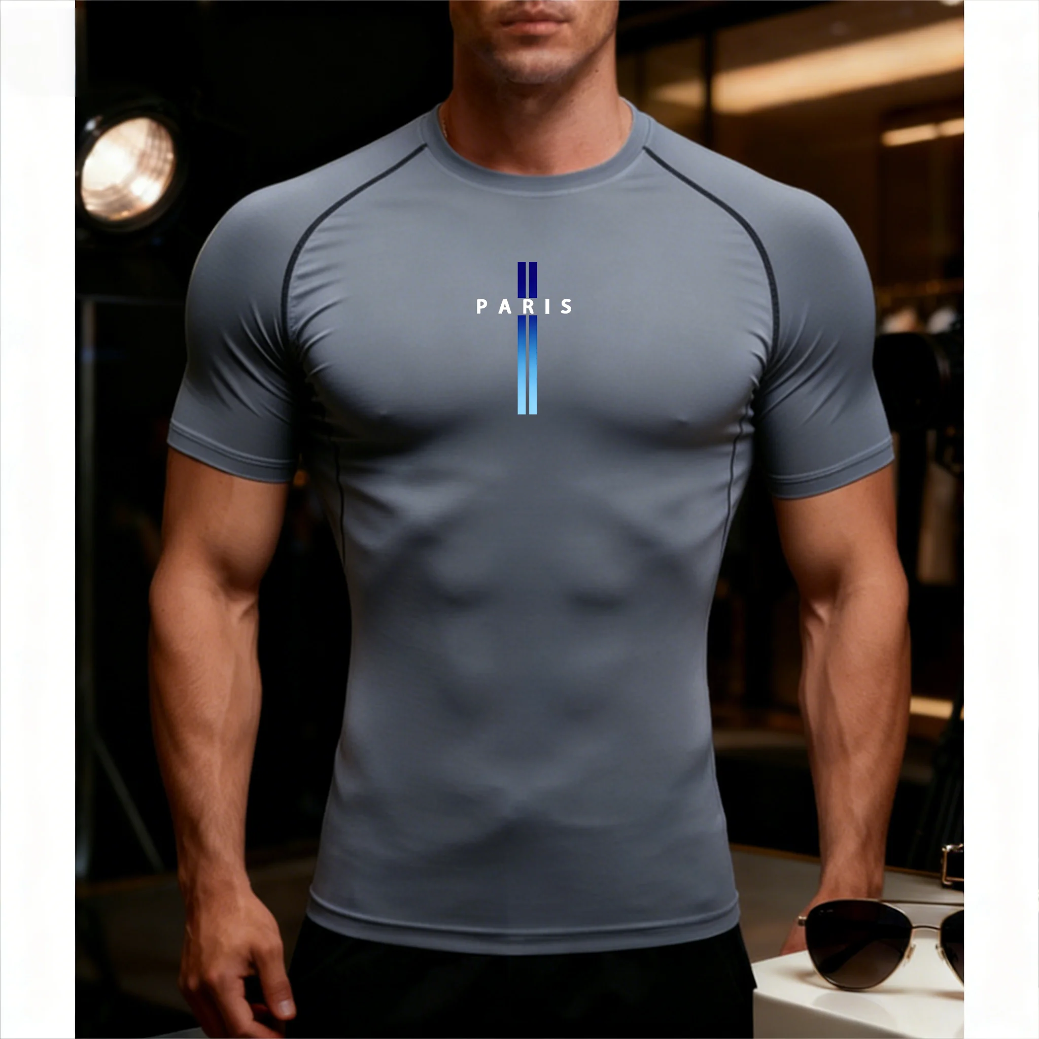 Compression Shirts Men's Blue gradient print Quick Dry Gym Fitness Shirts Spring Beach Athletic Sport Running Workout Tops Tees