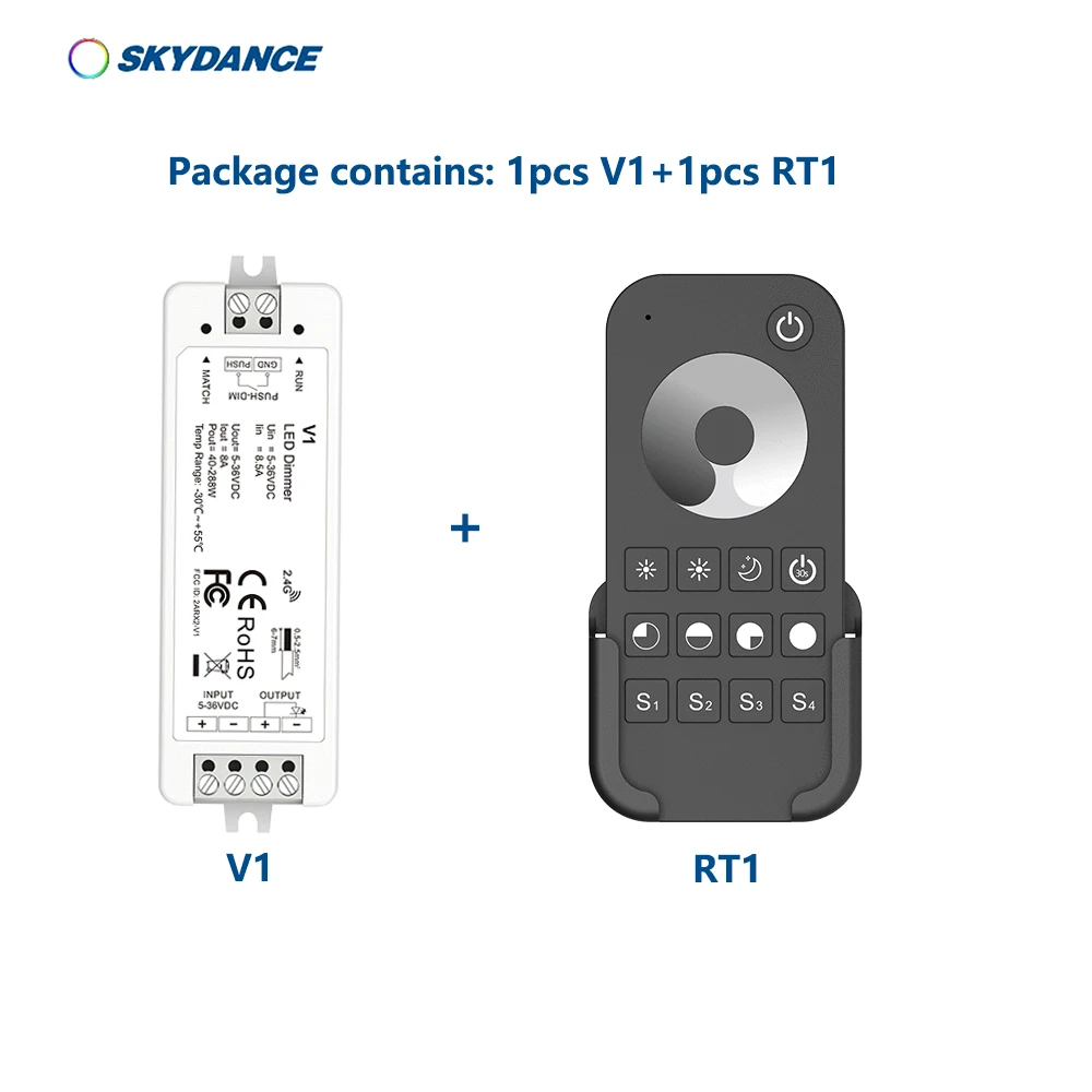 Skydance V1+RT1/RT6/RT8 DC5-36V 2.4GHzRF+Push Dim 0-100% Constant voltage 8A Dimming Controller For Single Color LED Strip Light