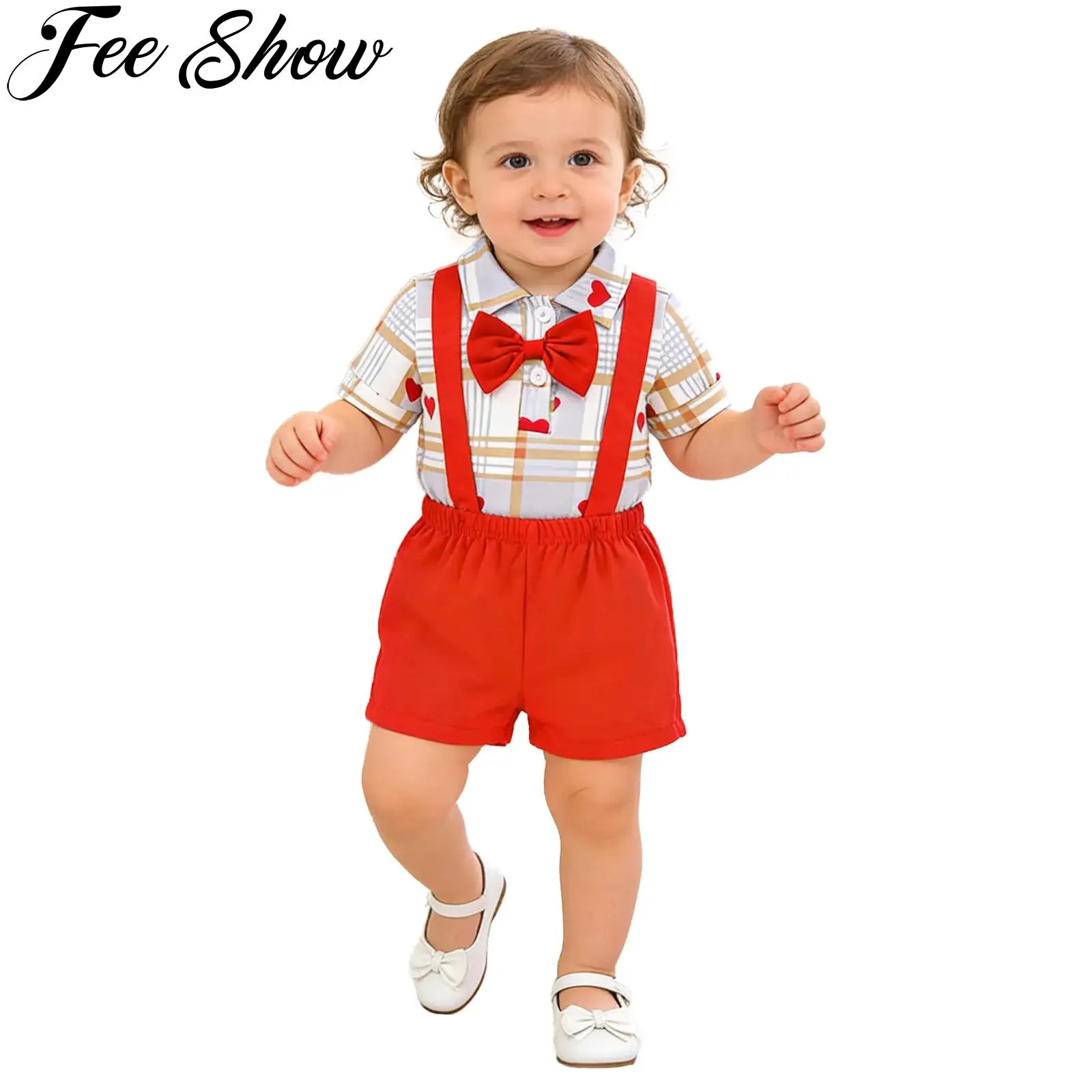 

Наряд на первый день Святого Валентина для маленьких мальчиков: комбинезон с короткими рукавами, принтом в виде сердечек и клетчатым узором, с шортами на подтяжках для вечеринки и фотосессии.