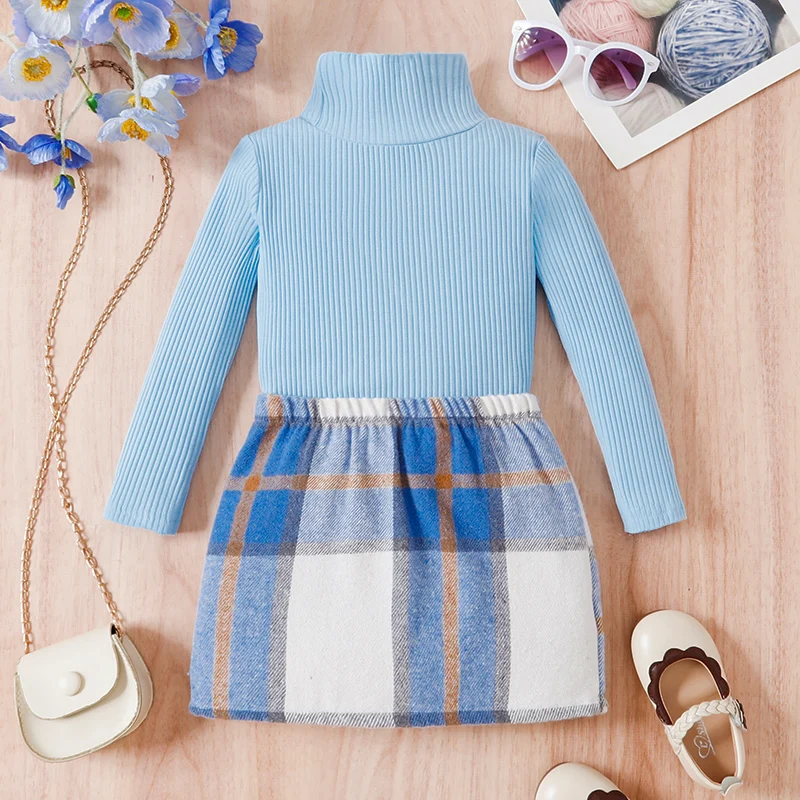 Two Piece Autumn And Winter Girl Cute Warm High Necked Knitted Long Sleeved Plaid Short Skirt Princess Casual Party Set Clothing