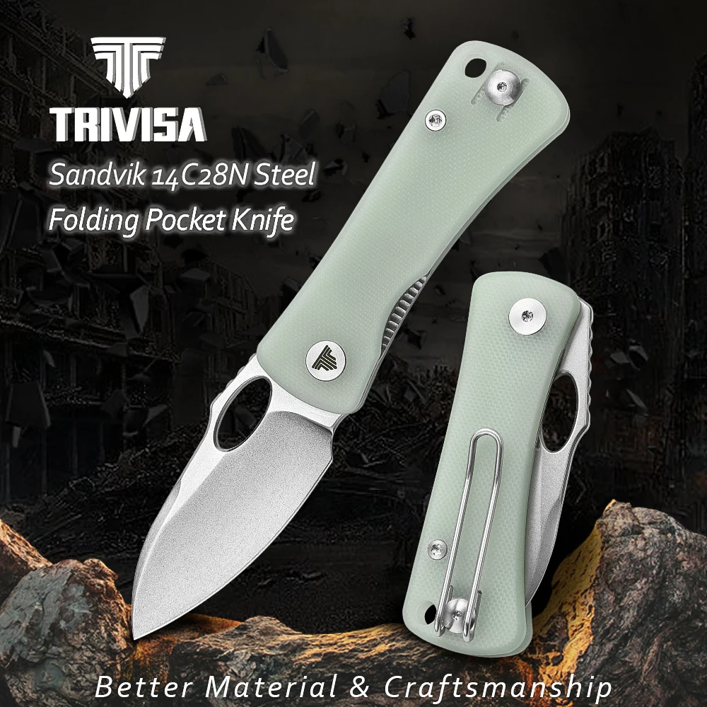 TRIVISA Folding Pocket Small Knife with Clip，Mini EDC Knife for Men,2.04”14C28N Steel Blade，G10 Handle for Women Camping Tools