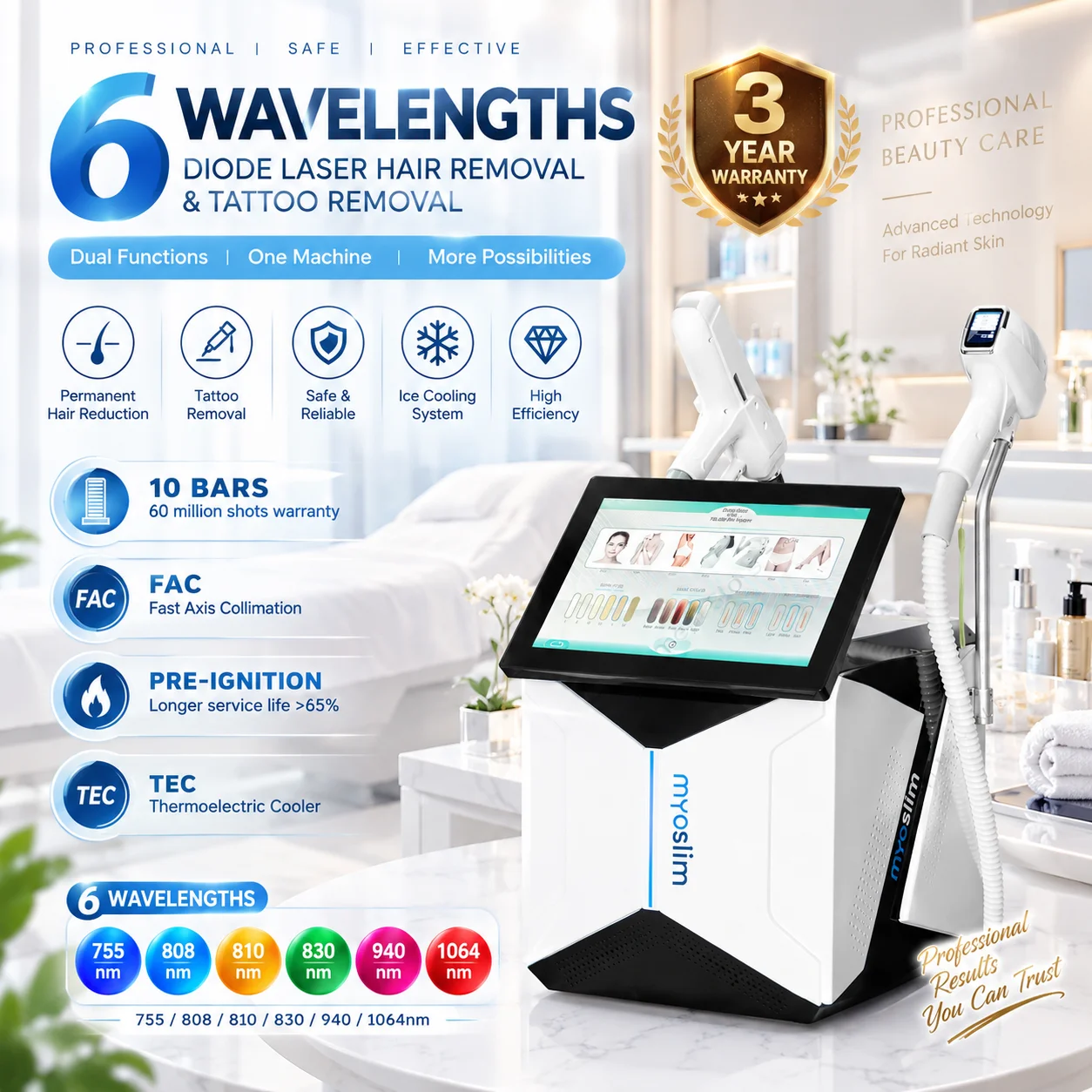 2In1 808nm Diode Laser Hair Removal Machine PicoSecond Laser Q Switch ND YAG Machine FAC Fast Axis Collimation Permanent Hair