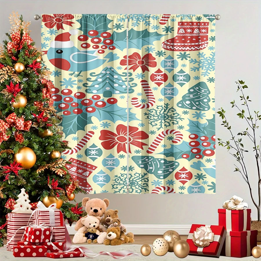 2PCS Christmas Winter Curtains, Retro Robin Berry Bow Tree Stocking Candy Cane, Digital Print, Bedroom Living Room, Home Decor