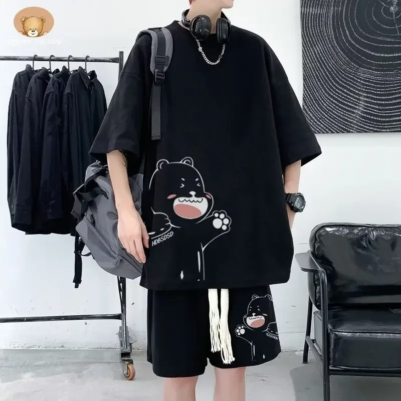 4XL Large Men\'s Sports Suit Japan High Street Fashion T-shirt Shorts Two-piece Set Men Retro New Neck Top Designer Clothes Men