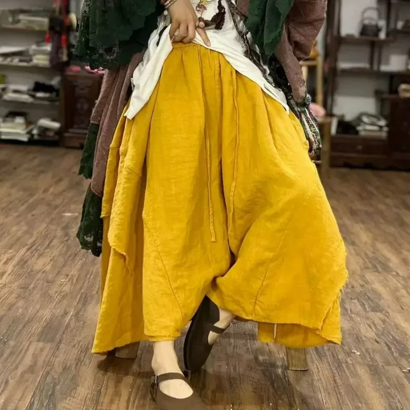 

Китайская ретро повседневная универсальная юбка, брюки, женские весенне-осенние новые высококачественные льняные характерные юбки с летающими краями, брюки