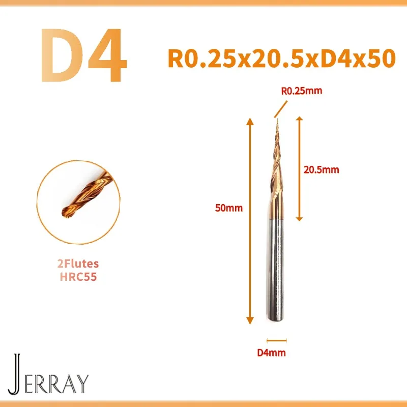

JERRAY R0.25X20.5XD4X50mm HRC55 твердосплавные конические сферические концевые фрезы 2D 3D резьбовые биты Фреза