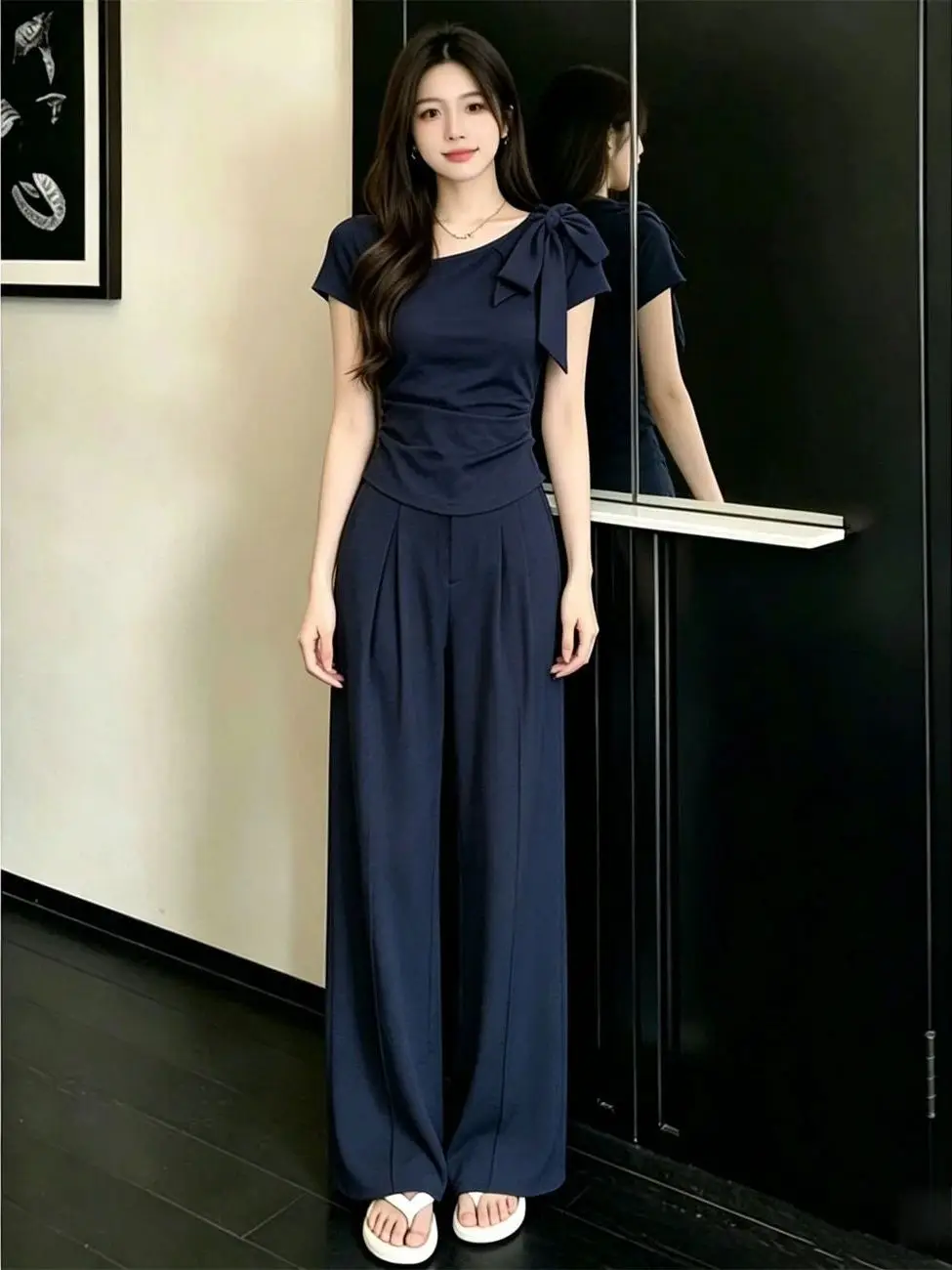 

Casual Fashionable Summer Set Women's High Waist Wide Leg Pants Knot Top Two Piece Suit Stylish Slimming Outfit