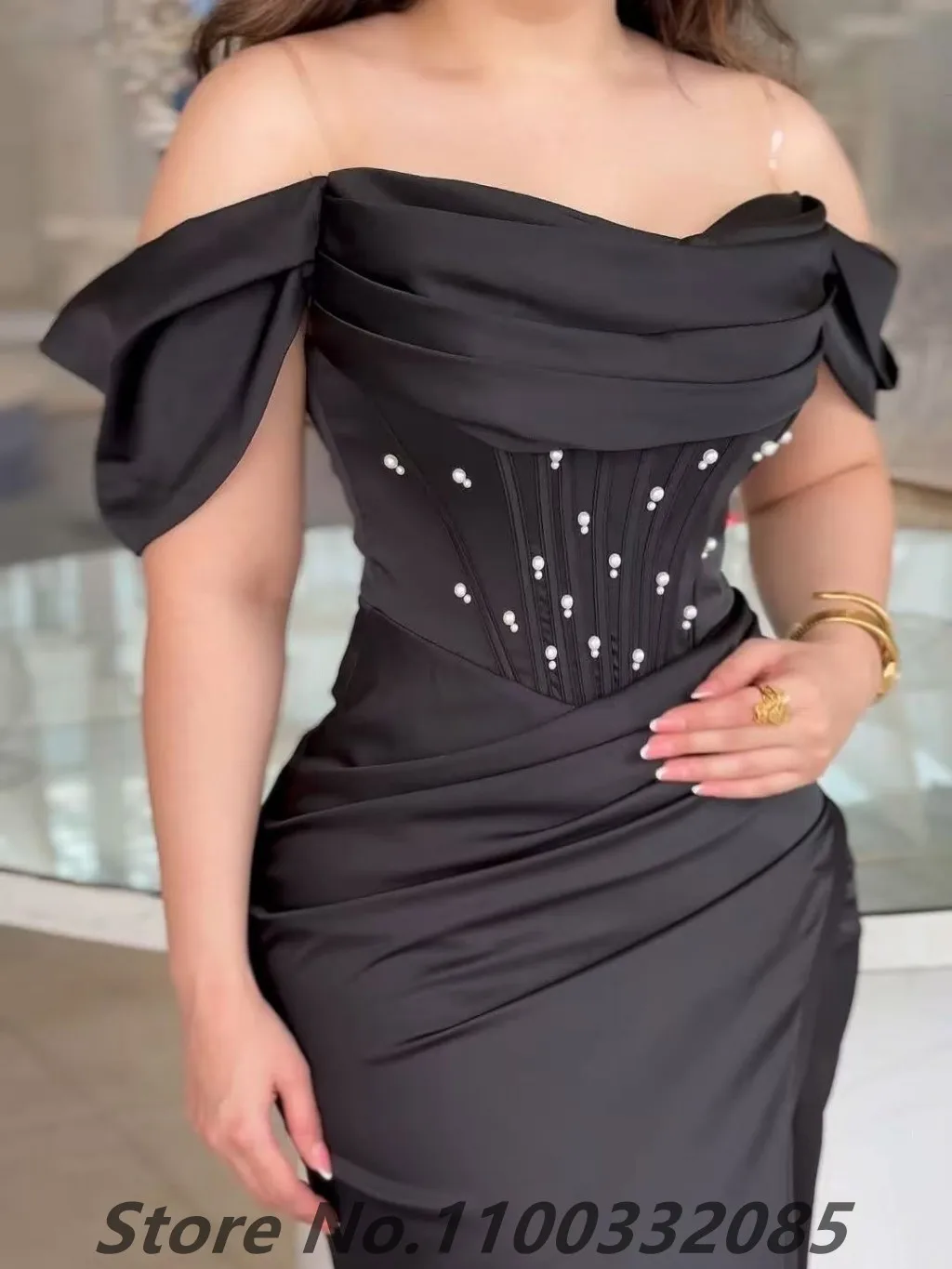 Eightale 2025 vestido de noche de sirena negro personalizado con perlas fuera del hombro vestido de fiesta árabe ajustado para mujer