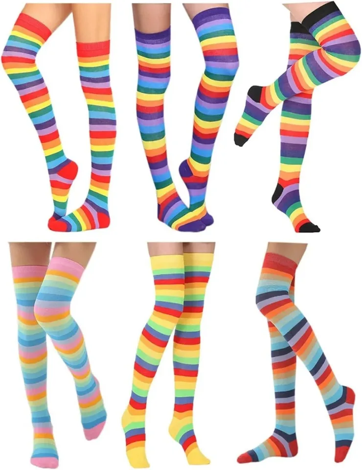 Calcetines largos hasta el muslo para mujer y niña, color arcoíris con rayas, disfraz de Halloween, tejidos y elásticos 6