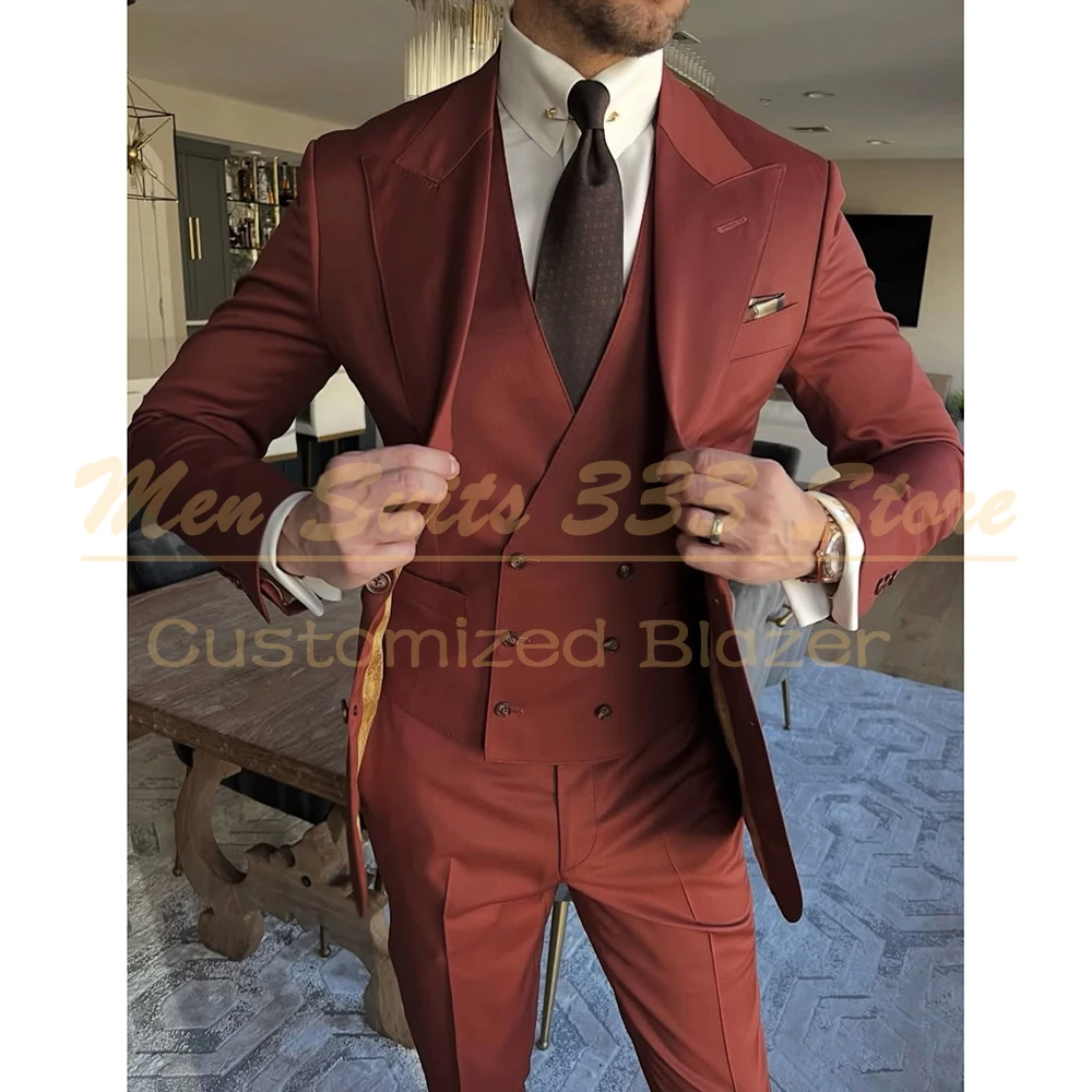 

Slim Fit Wedding Men's Suits Luxury Regular Length Lining Blazer Elegant Single Breasted Peak Lapel 3 Piece Jacket Pants Vest