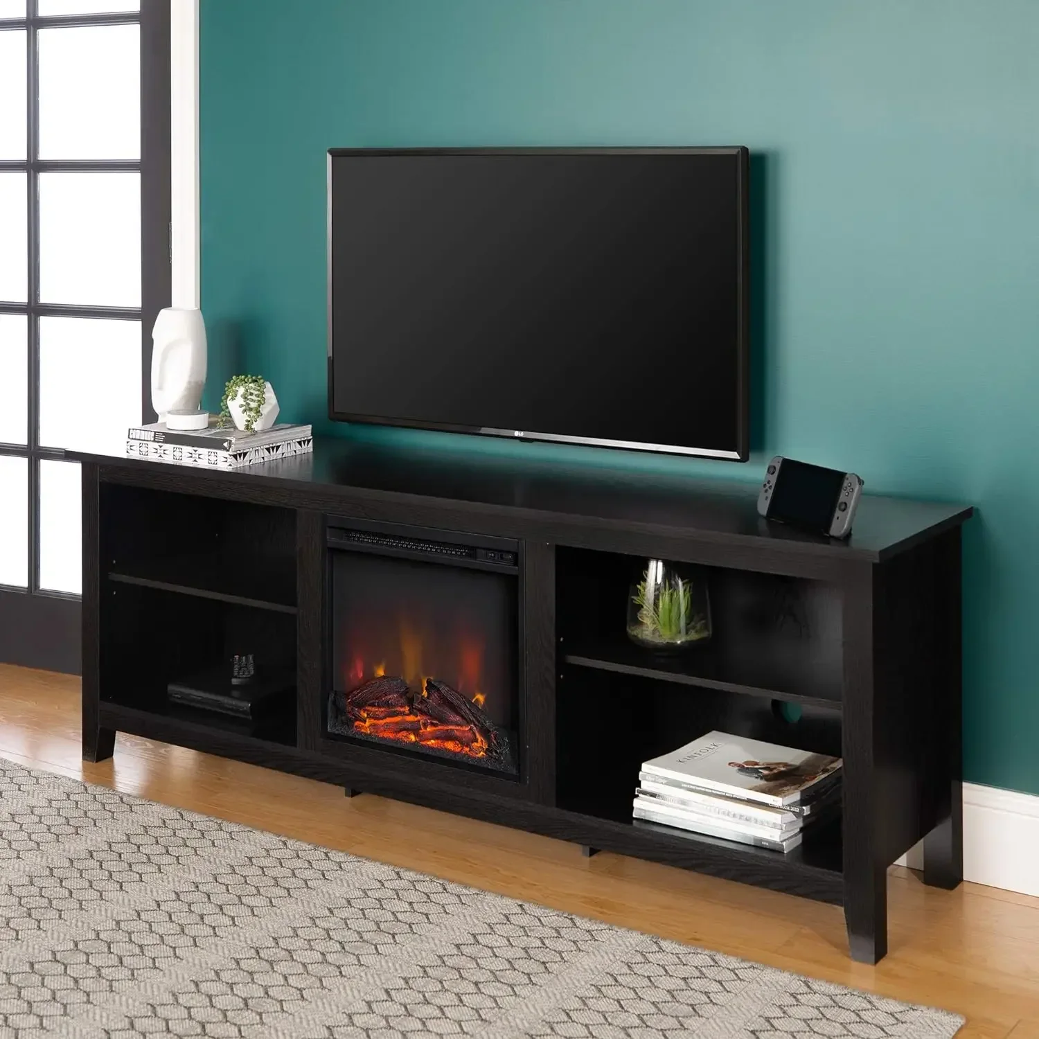 Edison Wren Classic 4 Cubby Fireplace TV Stand for TVs up to 80 Inches, 70 Inch, Black