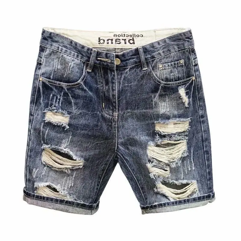 Fashion Vintage Korean Men\'s Summer Denim Shorts with Distressed Holes Slim Fit Distressed Holes Designer Luxury Clothing Men