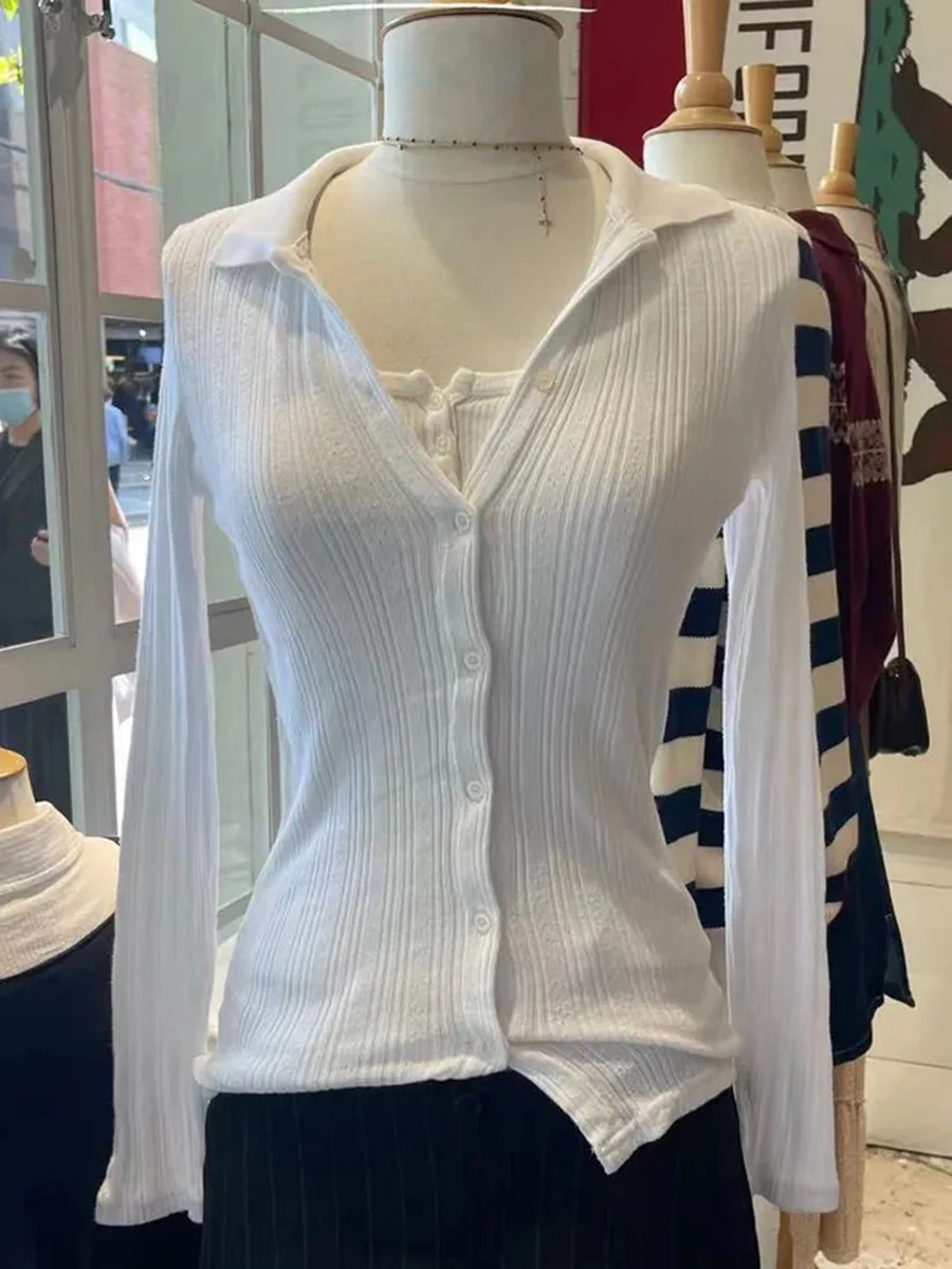 

Eyelet Knitted Slim T-shirts Women Turn Down Collar Elegant Button Chic Long Sleeve Tees Female Sweet Simple Slim Hollow Out Top