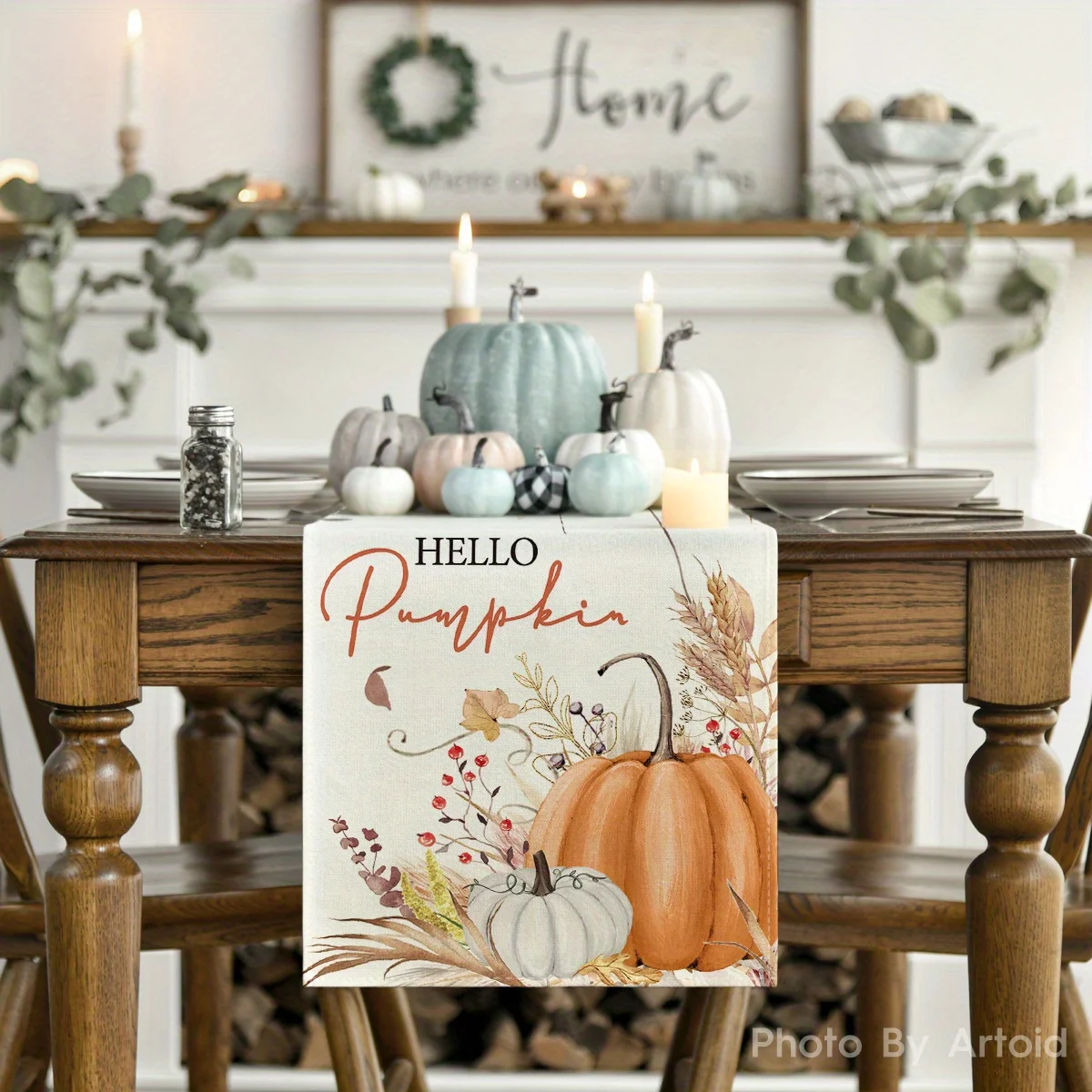 Hello Pumpkin Flowers Leaves Thanksgiving Table Runner Seasonal Fall Harvest Vintage Kitchen Dining Table Funky Home Decoration