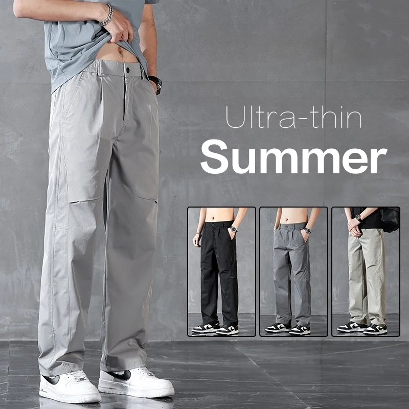 Abbigliamento di Marca, Pantaloni Casual da Uomo Primaverili ed Estivi, Sottili, a Gamba Dritta, con Vita Elastica, per Outdoor e Business, Tinta Unita, Pantaloni Lunghi da Uomo