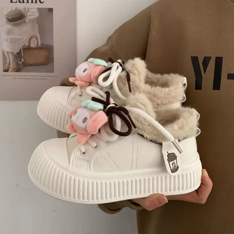 Zapatillas de deporte transpirables para mujer, zapatos de lana Beige, zapatillas de tacón grueso, plataforma informal Y2K Lolita, zapatos de pan con punta redonda, Invierno