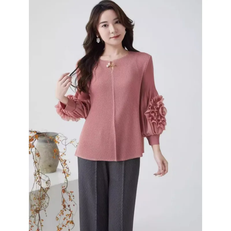 三宅プリーツ Tシャツ 2025 春服新しい気質エレガントな折り小さなシャツ薄い大きいサイズルーズプリーツトップス女性