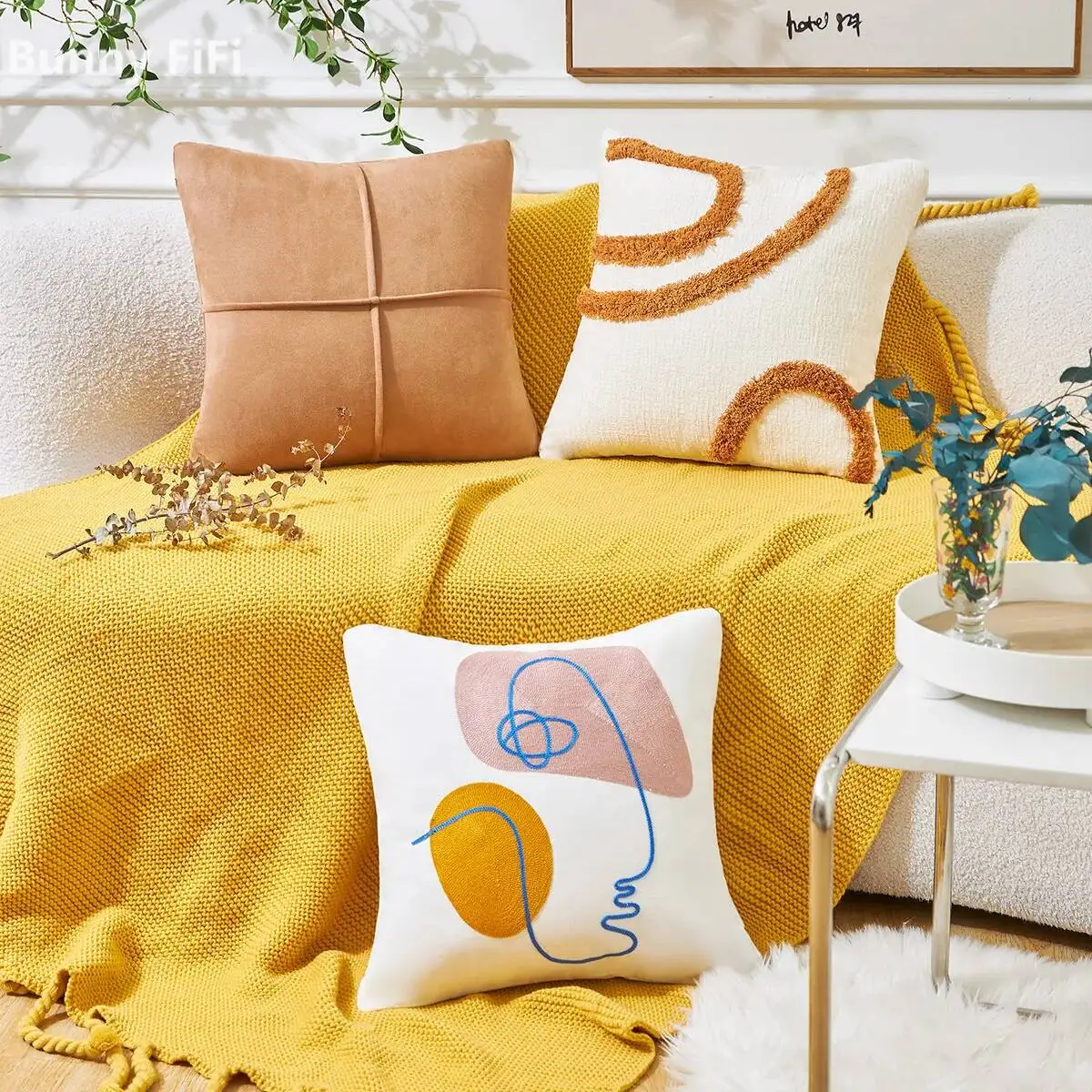 Bestickte Boho Abstrakte Kissenbezüge, Farbenfrohe Frauen-Gesichtslinien, Ästhetische Dekorative Kissenhüllen für Bett und Sofa