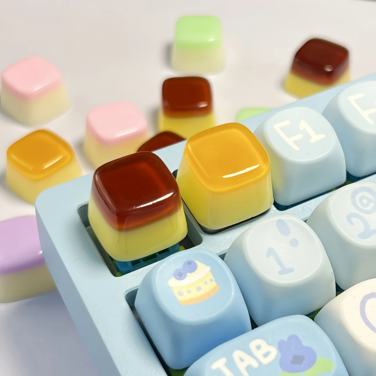Teclas de resina con gotero personalizadas, teclas de gelatina de comida de imitación, teclas de teclado mecánico para juegos de eje transversal transparente
