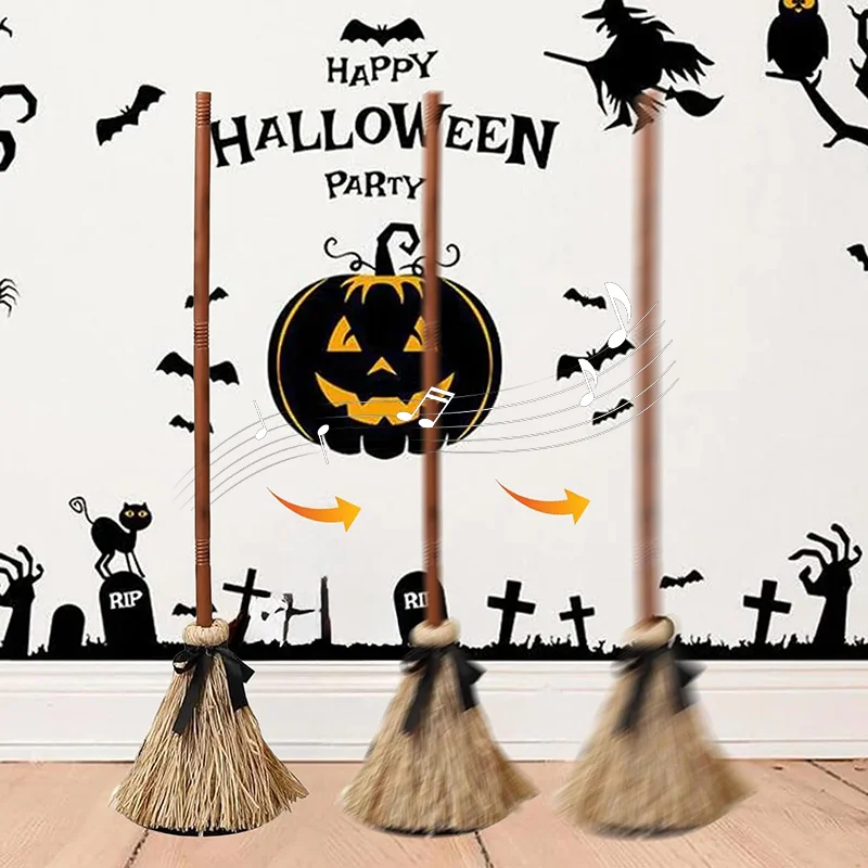 Halloween Animated Floating Witch Broom Sound Activated Dancing Magic Broom Detachable Electric Broom Prop Horror Party Decor