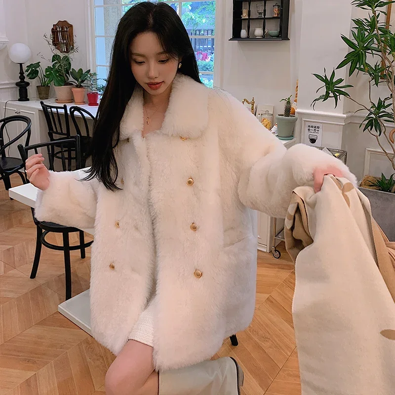 Tajiyane سترة أنيقة لقص الأغنام للنساء جديدة 2023 سترات صوف متوسطة الطول معطف فرو معاطف شتوية عصرية كورية Abrigo Mujer