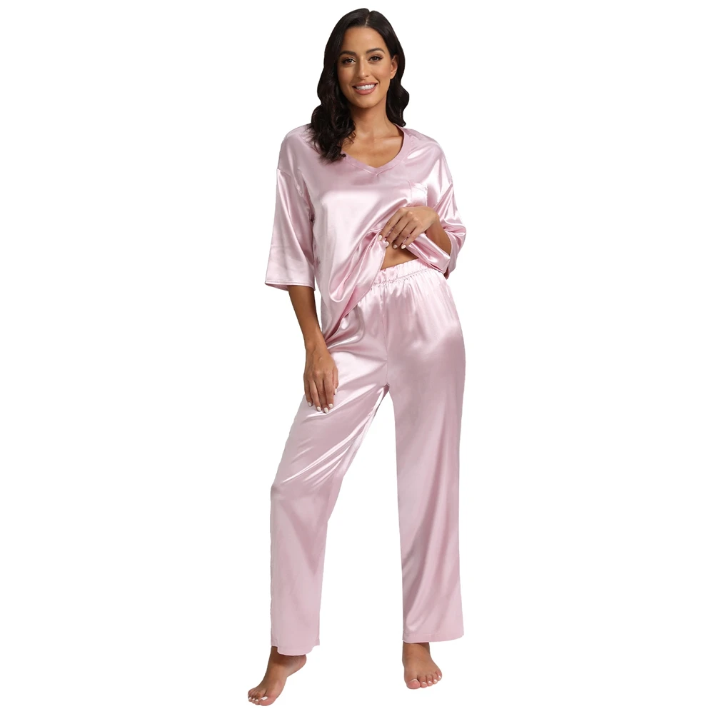 Womens Silk Satin Pajamas Loungewear Two-piece Sleepwear Pj Set