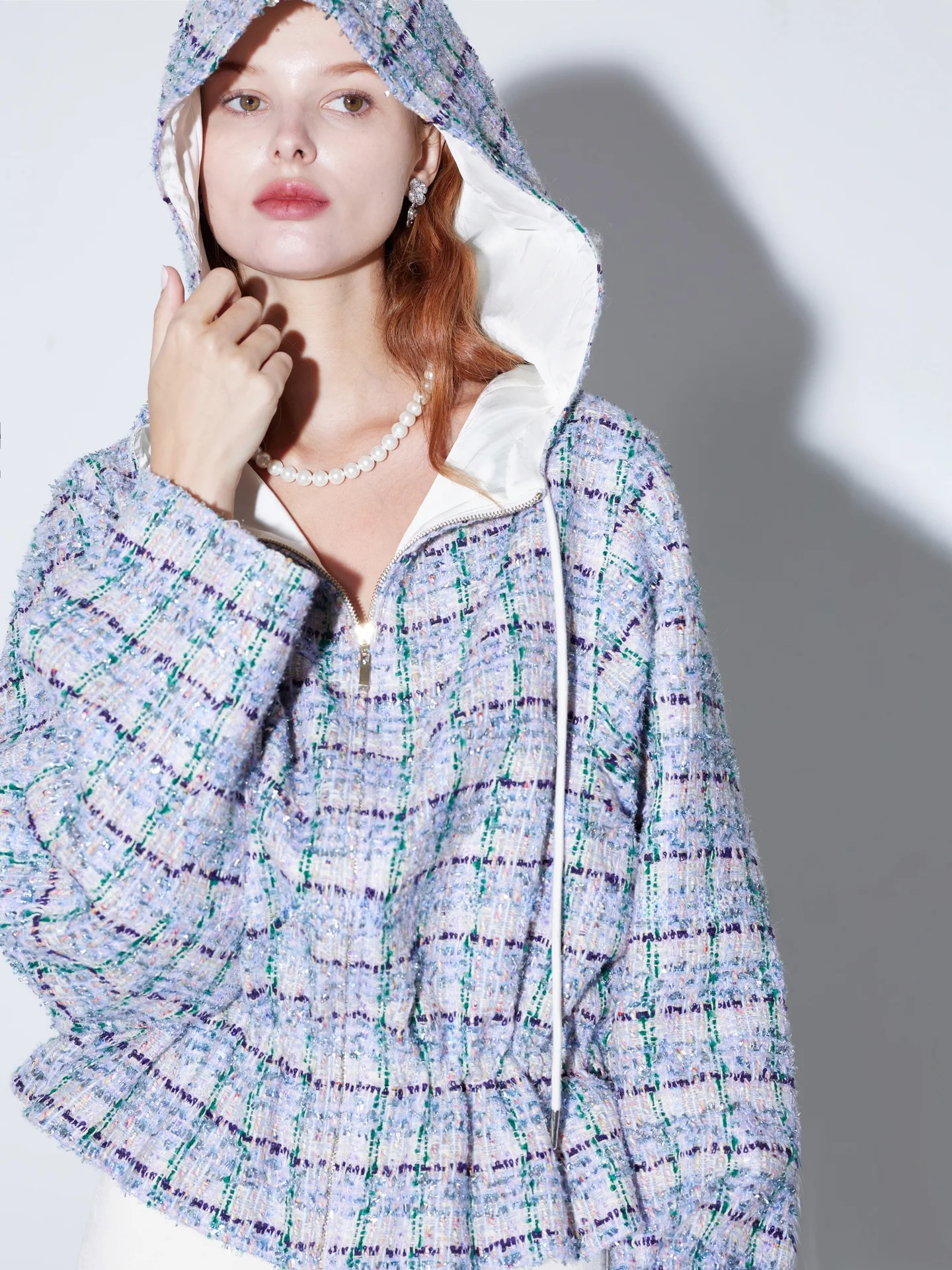 

Finocci Australian Woolen Glimmer Thin Outerwear Ele Sle Long Sve High Waist Coat with Hat Che Pattern Windproof S...