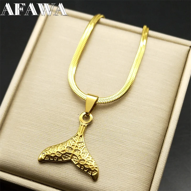 Vintage Mermaid Tail Pendant Necklace For Women Stainless Steel Gold Color Whale Fishtail Chain Collar Mujer Jewelry NHH35S02