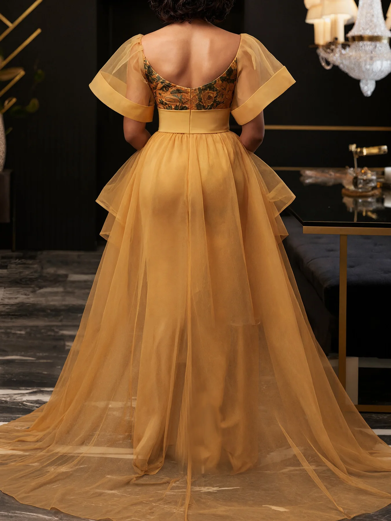 Plus Size Women Mermaid Evening Dress Floral Applique Short Ruffle Sleeve Tulle Formal Luxury Wedding Guest Party Dresses