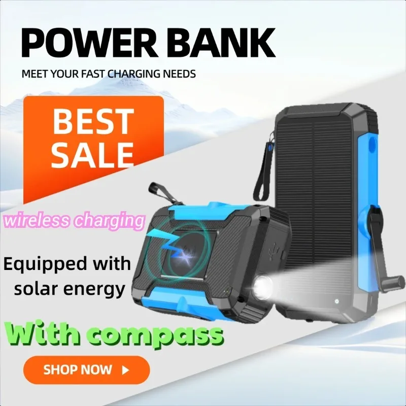 

20000mAh High Capacity Power Bank with Built in Cable Solar Powered and Wireless Charging Function