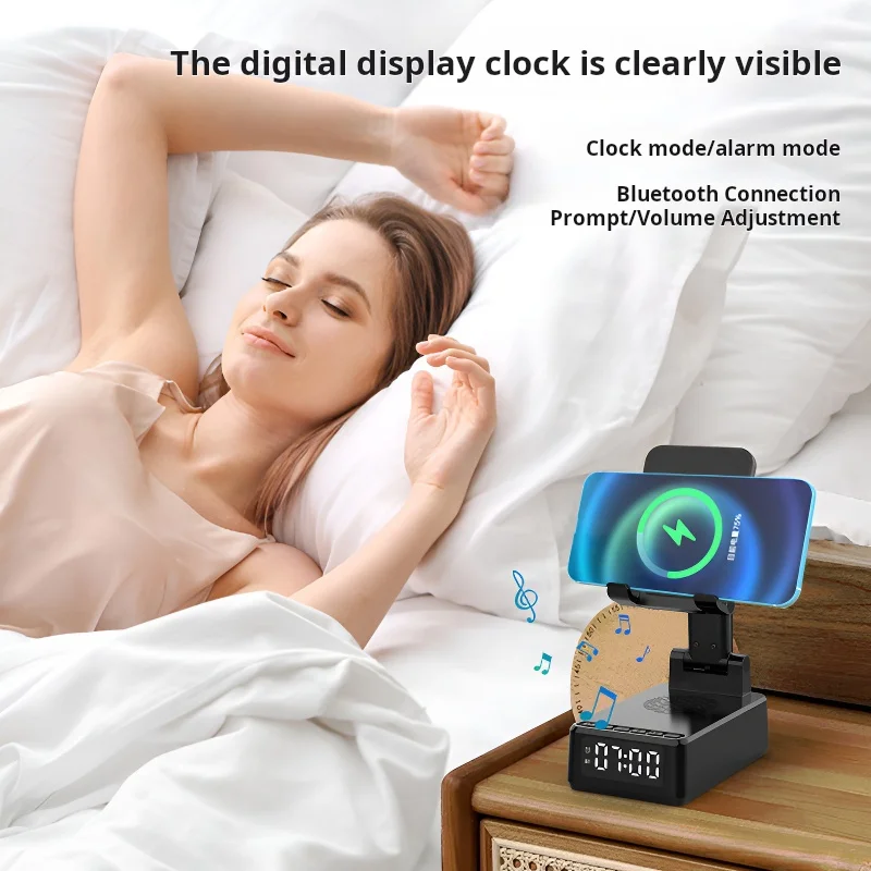 Multi-function Bluetooth Speaker 15W 3-in-1 Wireless Charging Desktop Folding Mobile Phone Stand Sound Clock Gift