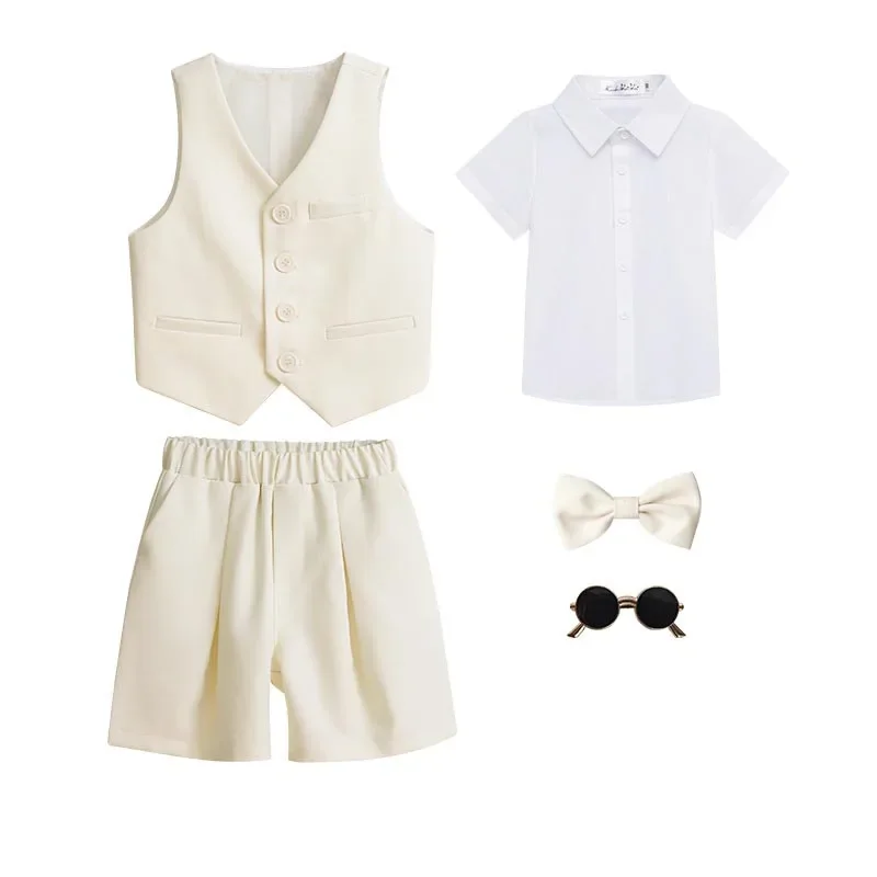 Children Summer Beige Photography Suit Kids Breathable Vest Shirt Shorts Bowtie Ceremony Costume Boys Silm Fit Wedding Dress