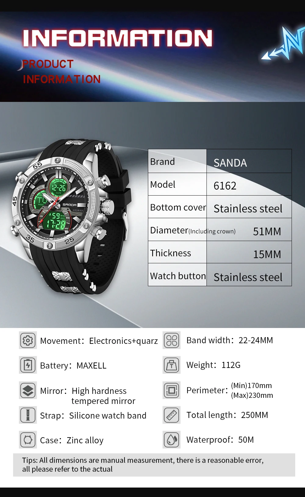 SANDA New 6162 Fashionable Men's Electronic Watch Sports Fashion Multifunctional Waterproof LED Men's Electronic Watch 2025