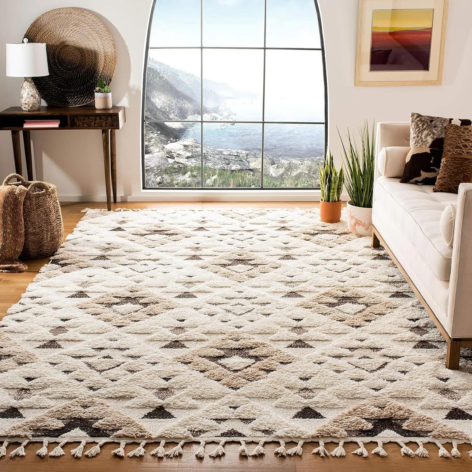 

Moroccan Tassel Shag Collection Area Rug - 6'7" x 9'2", Ivory & Brown, Boho Design, Non-Shedding & Easy Care, 2-inch