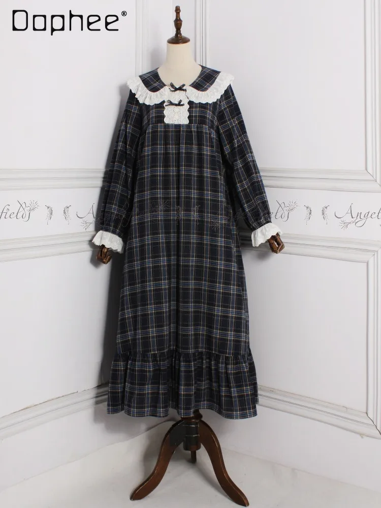 Retro Checkered Babydoll-style Nightgown with Long Sleeves Lace Trim Bow Detail Comfortable Casual Women's Homewear Relaxation