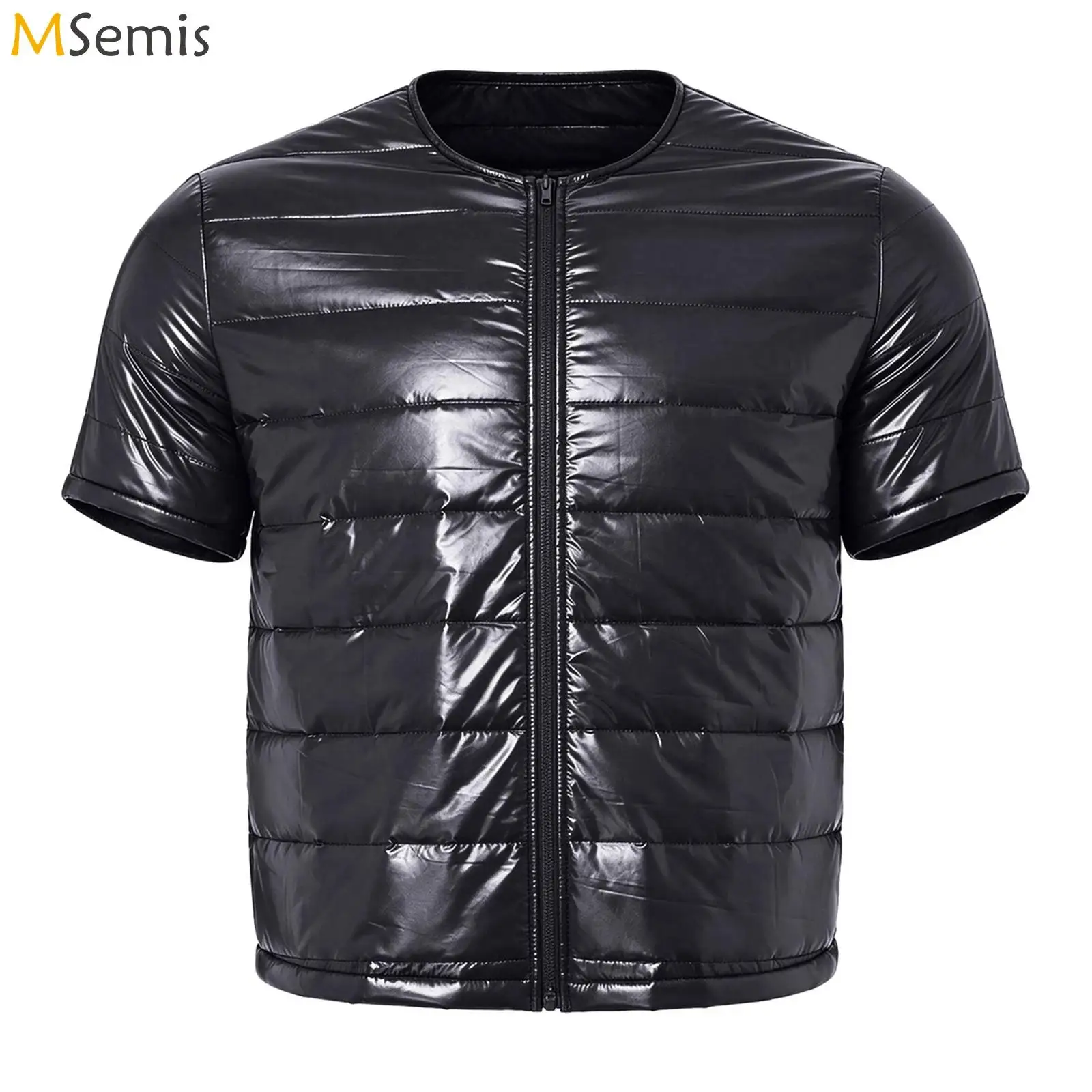 Mens Shiny Quilted Jacket Tops Puffer Wet Look Glossy Padded Coat Short Sleeve Zipper Round Neck Lightweight Quilted Outerwear