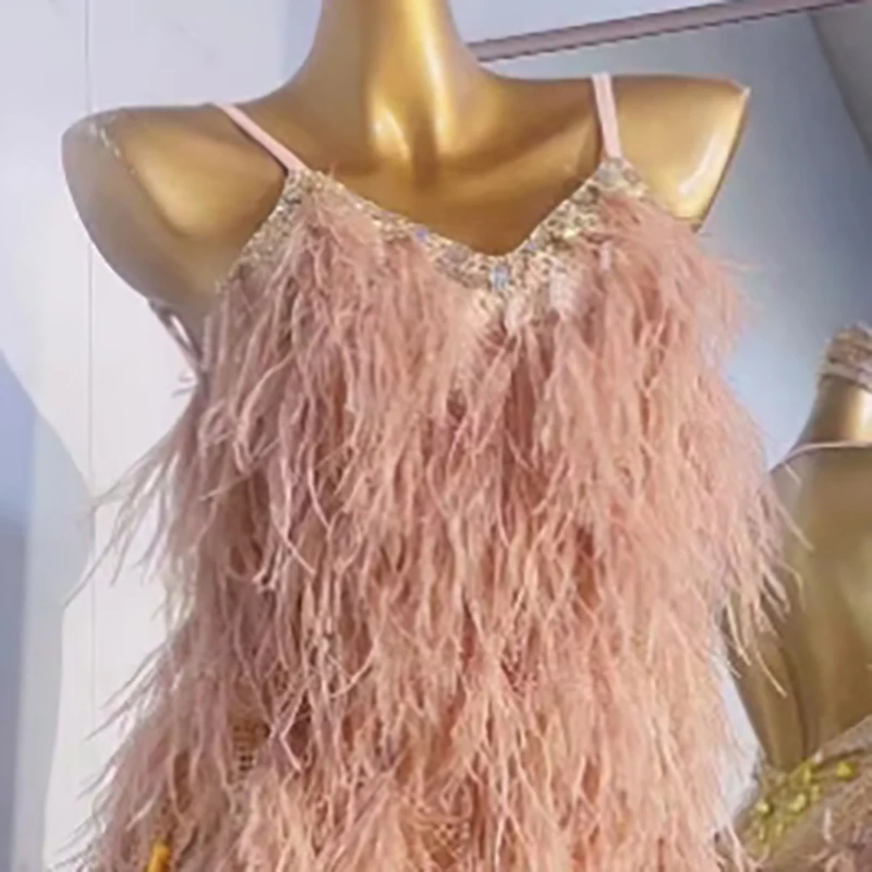 

Профессиональное платье для латинских танцев, высококачественная розовая плюшевая подтяжка на заказ, ча-танго, женская сценическая профессиональная одежда