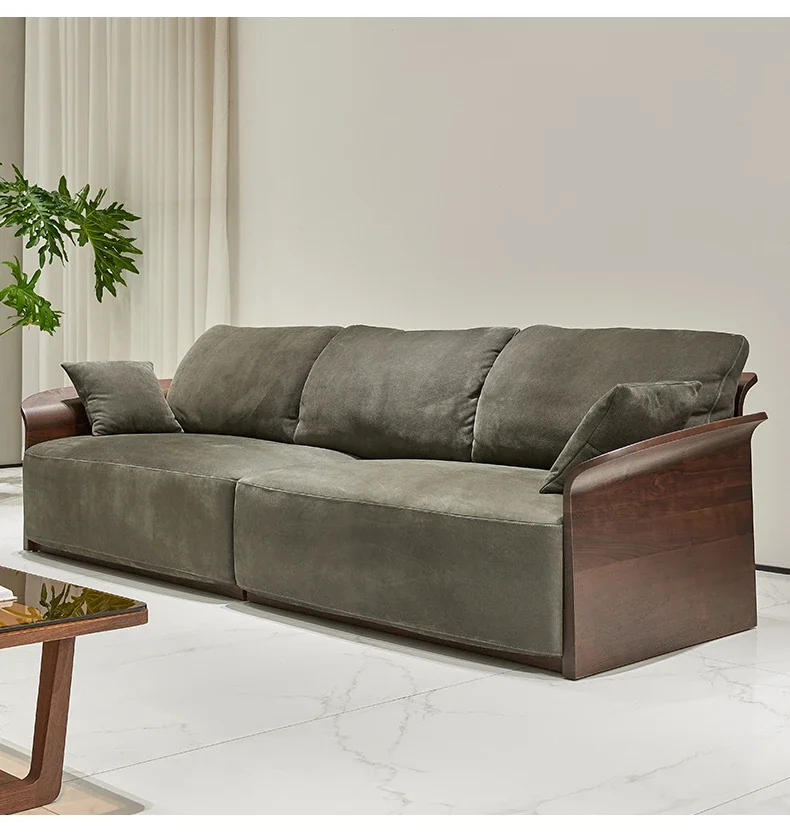 Italian minimalist North American black walnut solid wood leather sofa light luxury high-end furniture combination