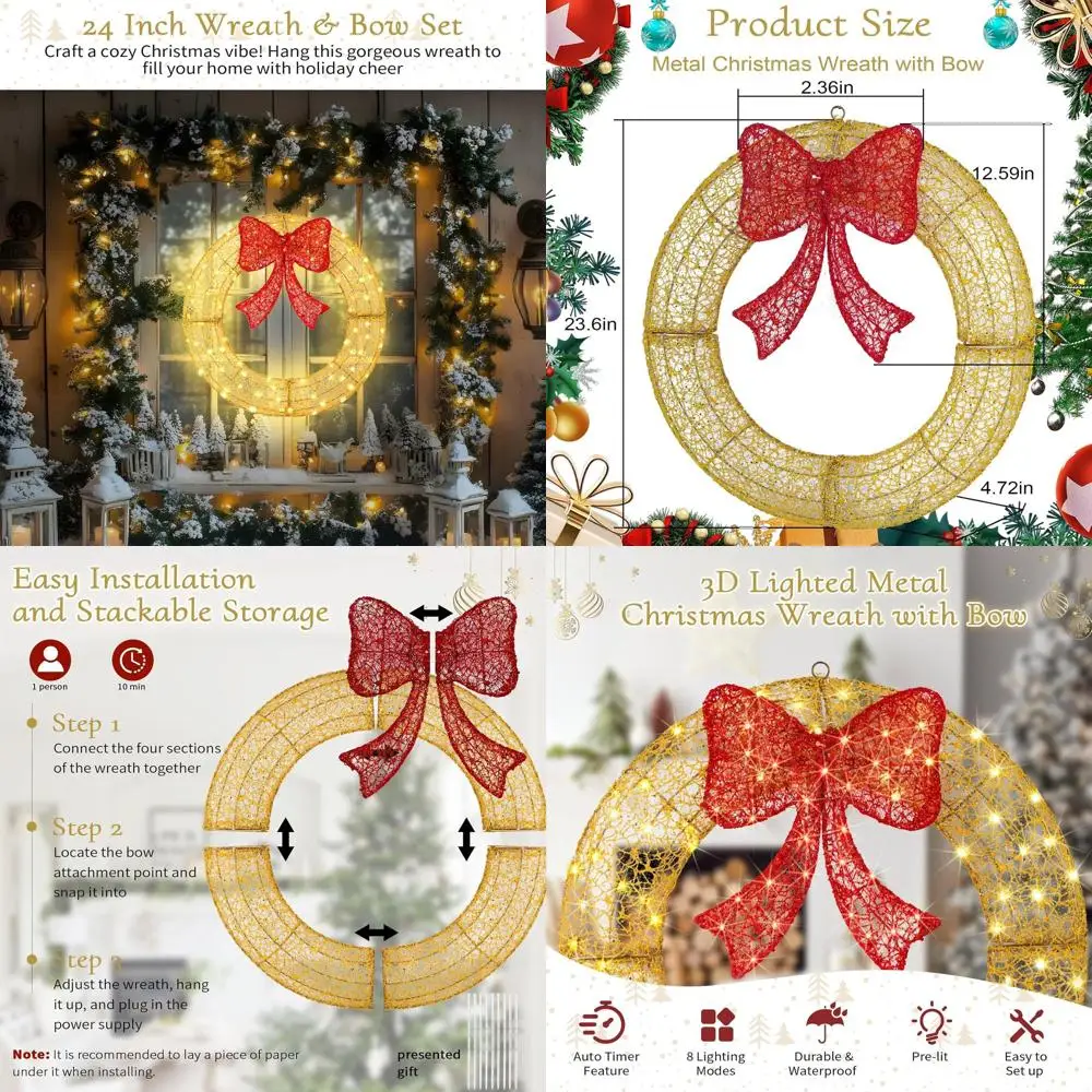 

Pre-Lit Outdoor Christmas Wreath with 140 LED Lights, Golden Red Bow, and Timer Function for Home, Front Door, Window, Garage De