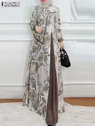 ZANZEA Elegant Women Abaya Vestidos Fake Two-Piece Patchwork Floral Print Long Sleeve Muslim Fashion Robes Islamic Maxi Dress