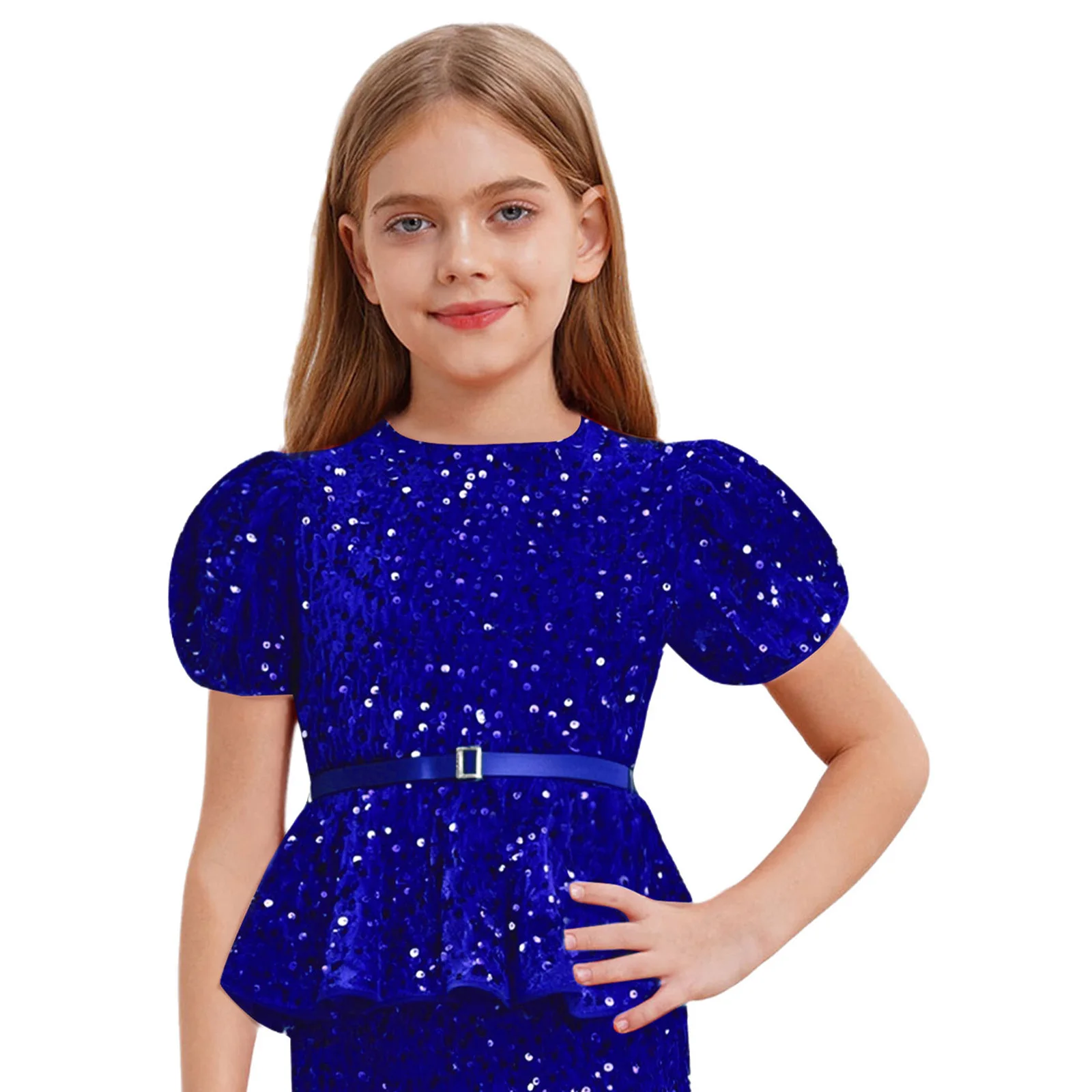 Children's Clothes Kids Girls T-shirts Sparkly Sequins Dance Party Short Tops with Belt for Birthday Prom Graduation Costumes